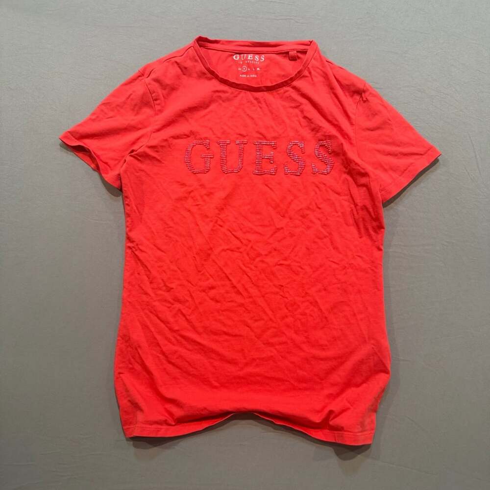 Y2K Red GUESS Rhinestone Logo Tee Embellished Shirt Womens JRS Sz M Party Top